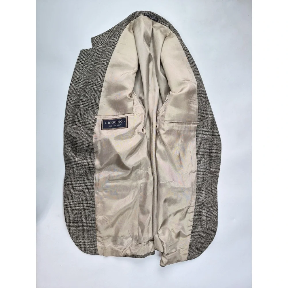 J Riggins Mens Wool Sports Coat 40R Taupe Plaid 3 Button Blazer P506